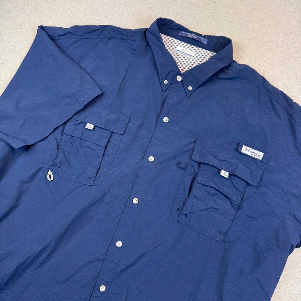 Columbia 4XT Fishing Shirt Mens Navy Blue Bahama II PFG Short Sleeve Vented